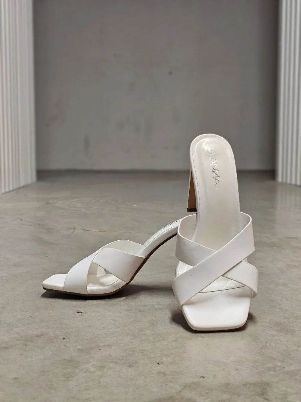 White Open-Toe Heeled Sandals With Cross-Strap Design & Square Toe By Anna - Picture 6 of 12